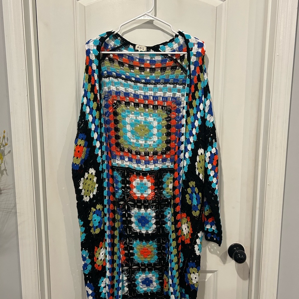 POL Multicolor Crochet Open-Front Cardigan - Black, Blue, Turquoise, Red, White